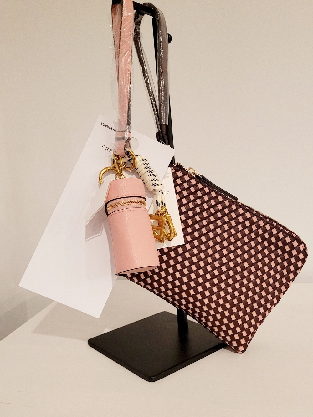 Woven Pink & Brown Wristlet Clutch with Pink Charm